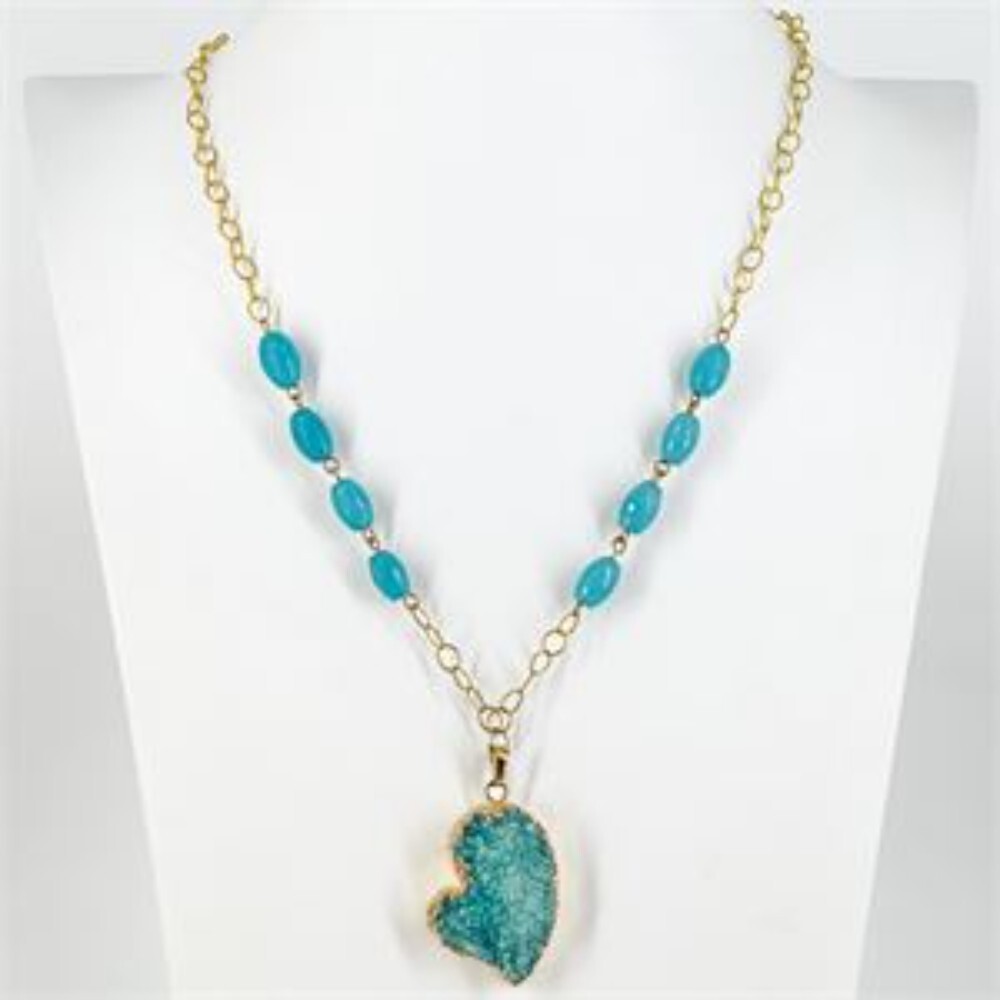 Teal Druzy Quartz Heart Pendant Necklace Gold Chain Turquoise Beaded Statement